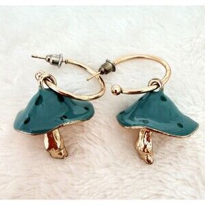 Gold Tone Teal Blue Enamel Mushroom Hoop Earrings Cottagecore Fairycore Dangle